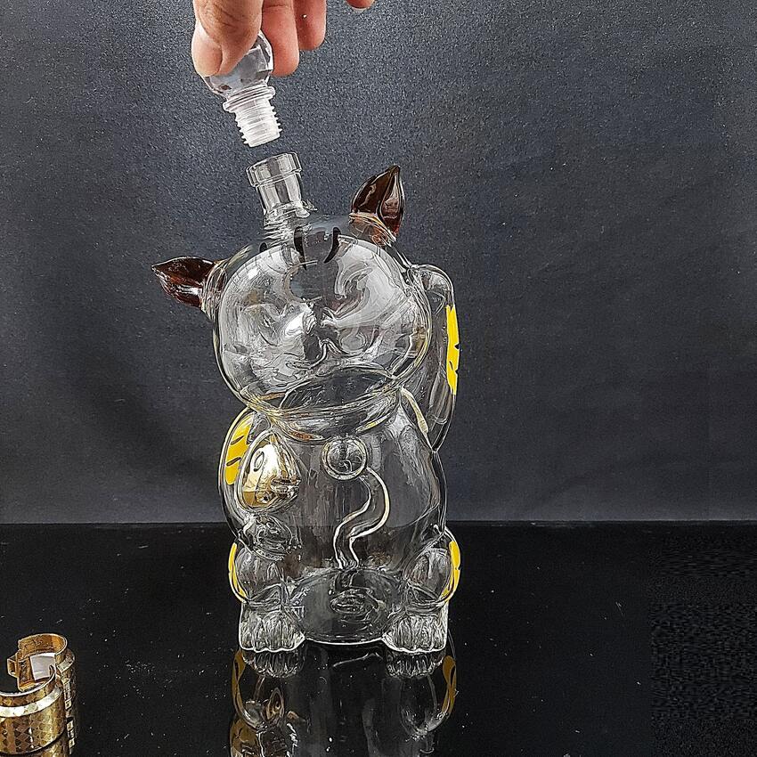 Vỏ Chai Rượu Thủy Tinh 1 lít cao cấp mẫu con mèo may mắn – Bình Đựng Rượu 12 Con Giáp 1000ml (E14)