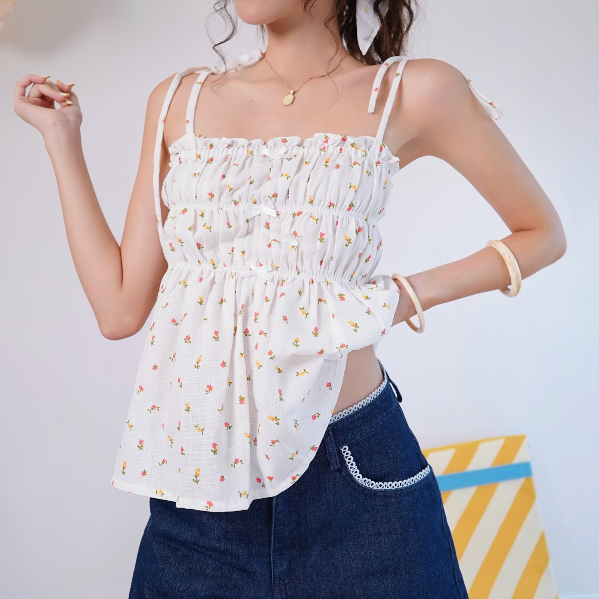 Áo kiểu áo hai dây cột họa tiết hoa nhún ngực kiểu xòe nữ tính tiểu thơ Charming Miều Est.2013