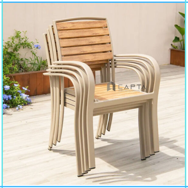 Ghế ngoài trời xếp chồng Ghế ngồi ban công lưng gỗ nhựa Polywood khung nhôm có tay tựa CC2028-A - Outdoor dining chair