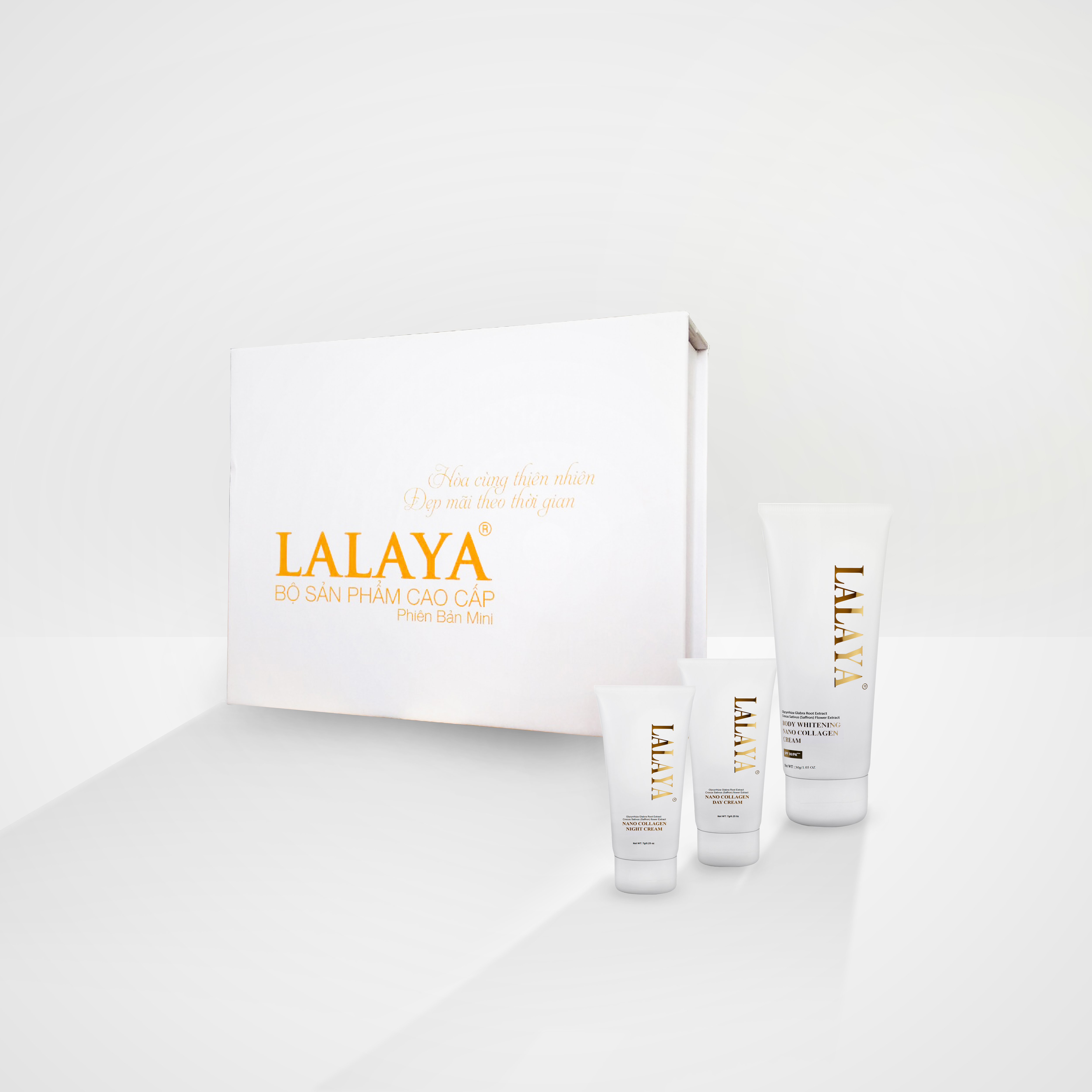 Combo: Serum dưỡng trắng da ngừa nám LALAYA tặng kem bộ 3 mini kem dưỡng da ngày, đêm và body cao cấp LALAYA, 1 sữa rửa mặt tạo bọt(100ml), 1 chai gel rửa tay khô(150ml) và 1 xịt khử khuẩn rửa tay đa năng NANO BẠC X5 LALAYA(110ml)