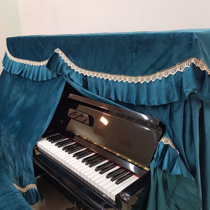 Bộ khăn phủ đàn Piano vải nhung xanh dày mịn phối bèo viền ren cao cấp