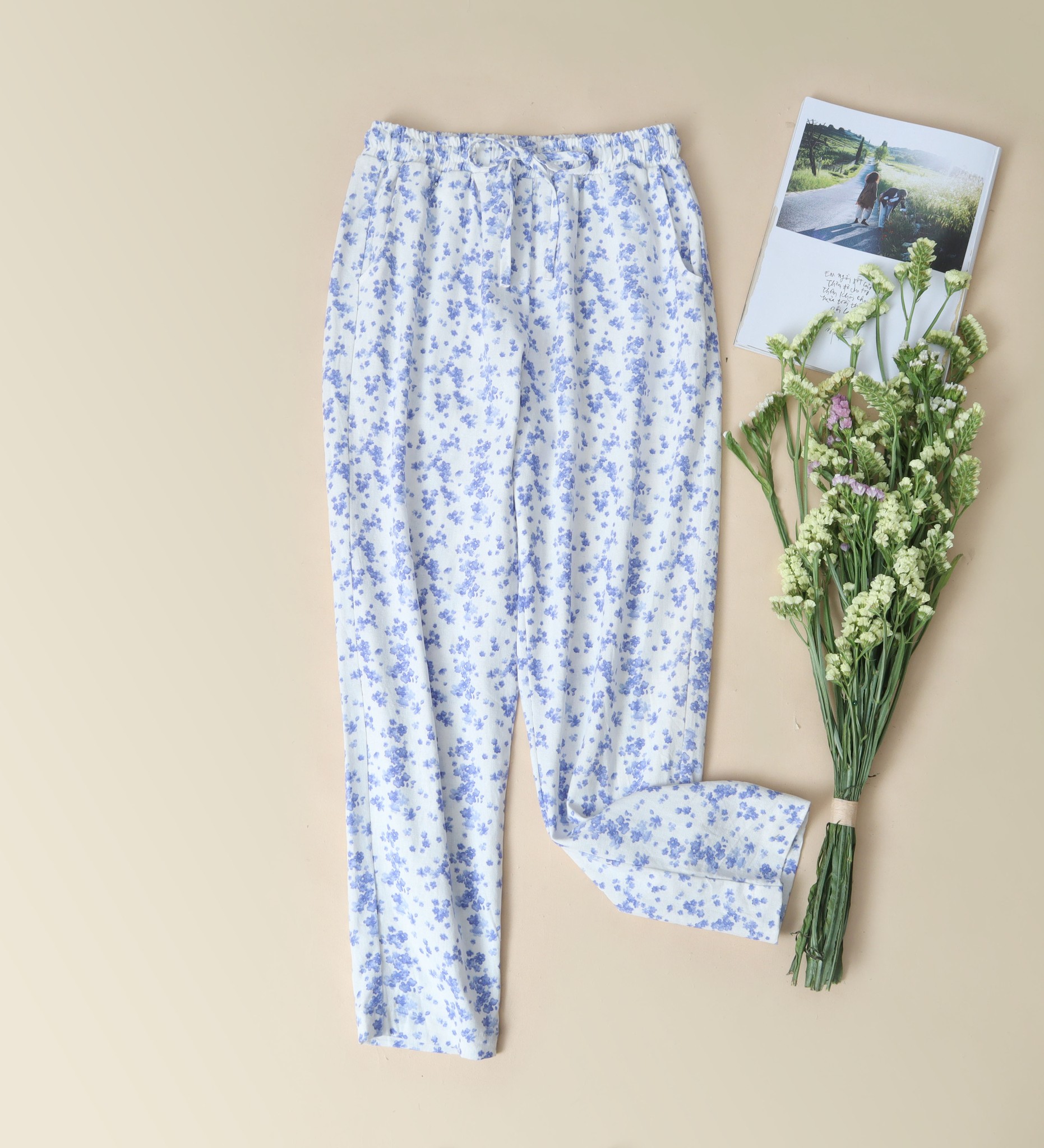 Quần côn dài Linen KACHISA cotton hoa màu xanh
