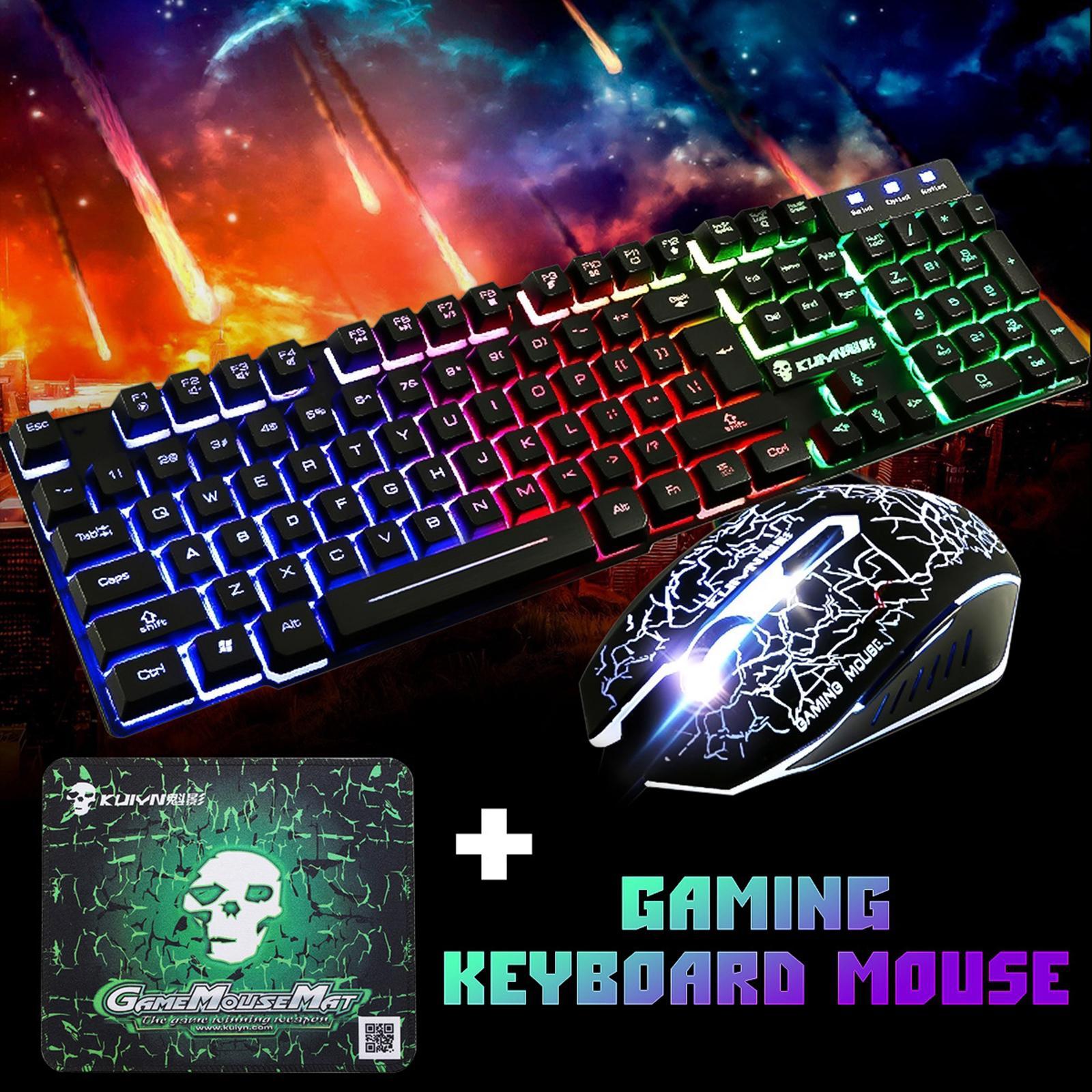 Rainbow LED USB Wired Gaming Keyboard & Mouse Pad Set for PC Laptop