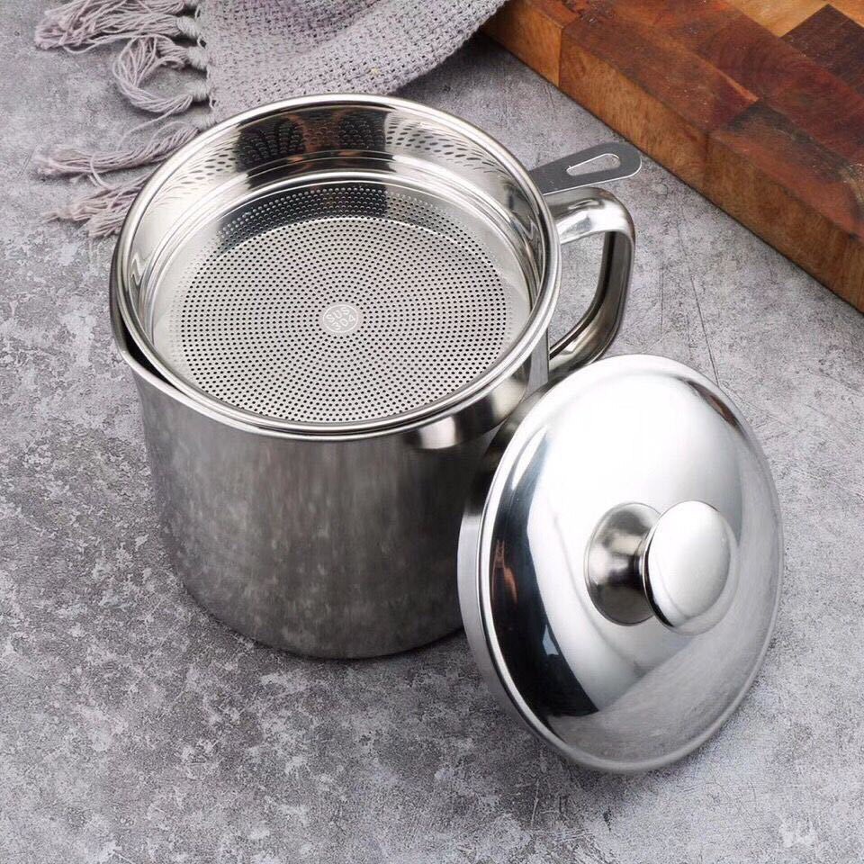 Ca Lọc Dầu Ăn Bằng Inox Cao Cấp 1,2L CÓ GIÁ LỌC, inox 304 sáng bóng, cực đẹp