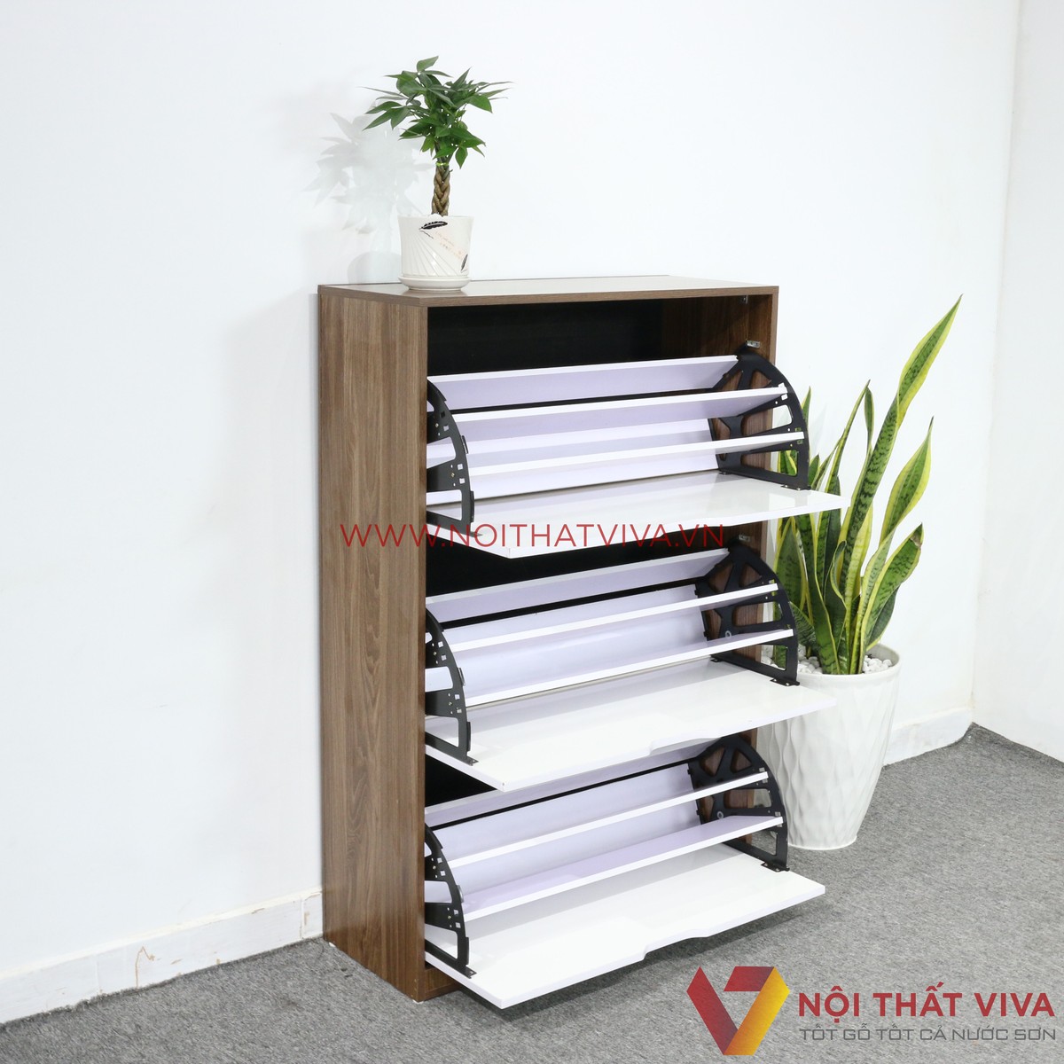 Tủ Giày Thông Minh Gỗ Công Nghiệp Màu Óc Chó 3 Tầng Cánh Trắng Gọn Đẹp