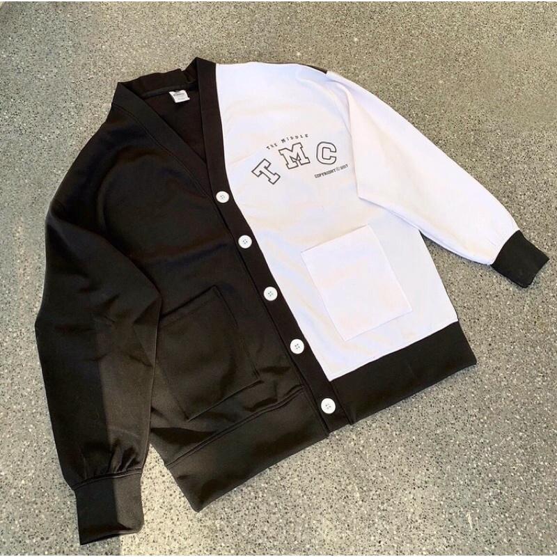 Áo khoác cadigan phối hai màu đen trắng chất nỉ ngoại form dưới 68kg cho các bạn nam nữ