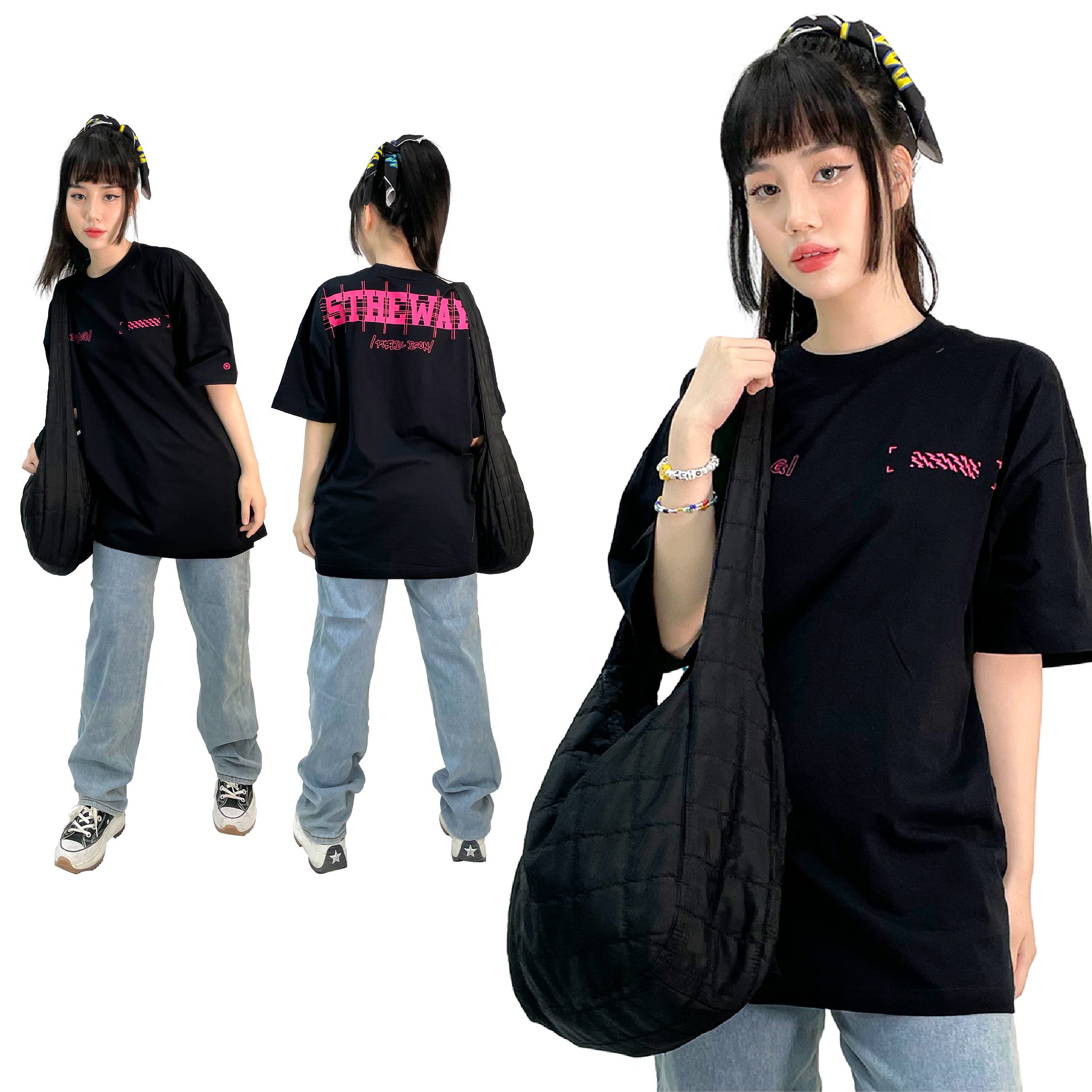 Áo Thun Đen Tay Ngắn 5THEWAY Đen aka /public icon/ LETTER DROP SHOULDER TEE in BLACK