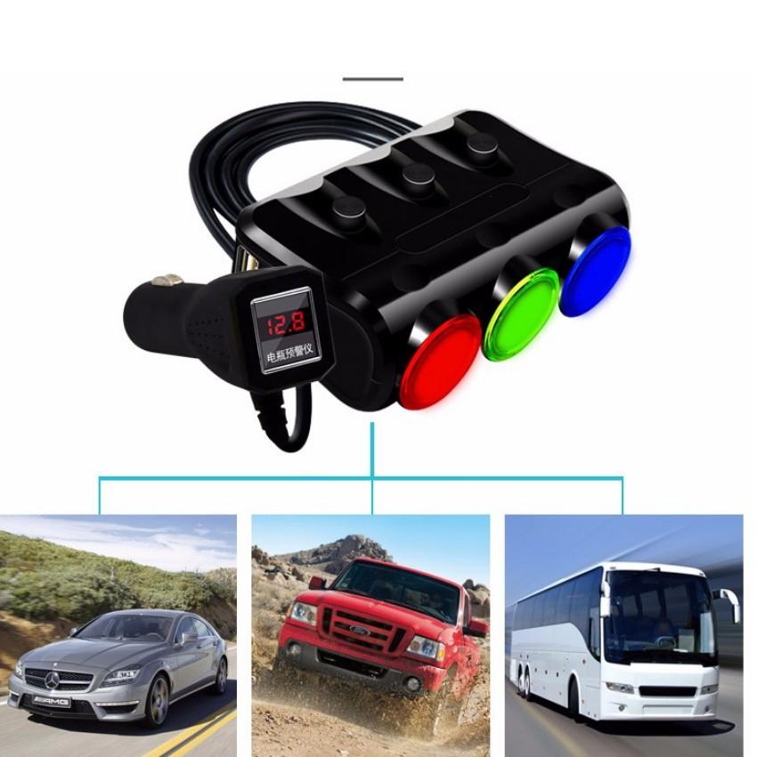 Bộ chia 3 nguồn tẩu thuốc ô tô kèm 2 cổng USB cao cấp 206489 + Tặng 1 bộ 4 miếng dán tay nắm cửa xe .