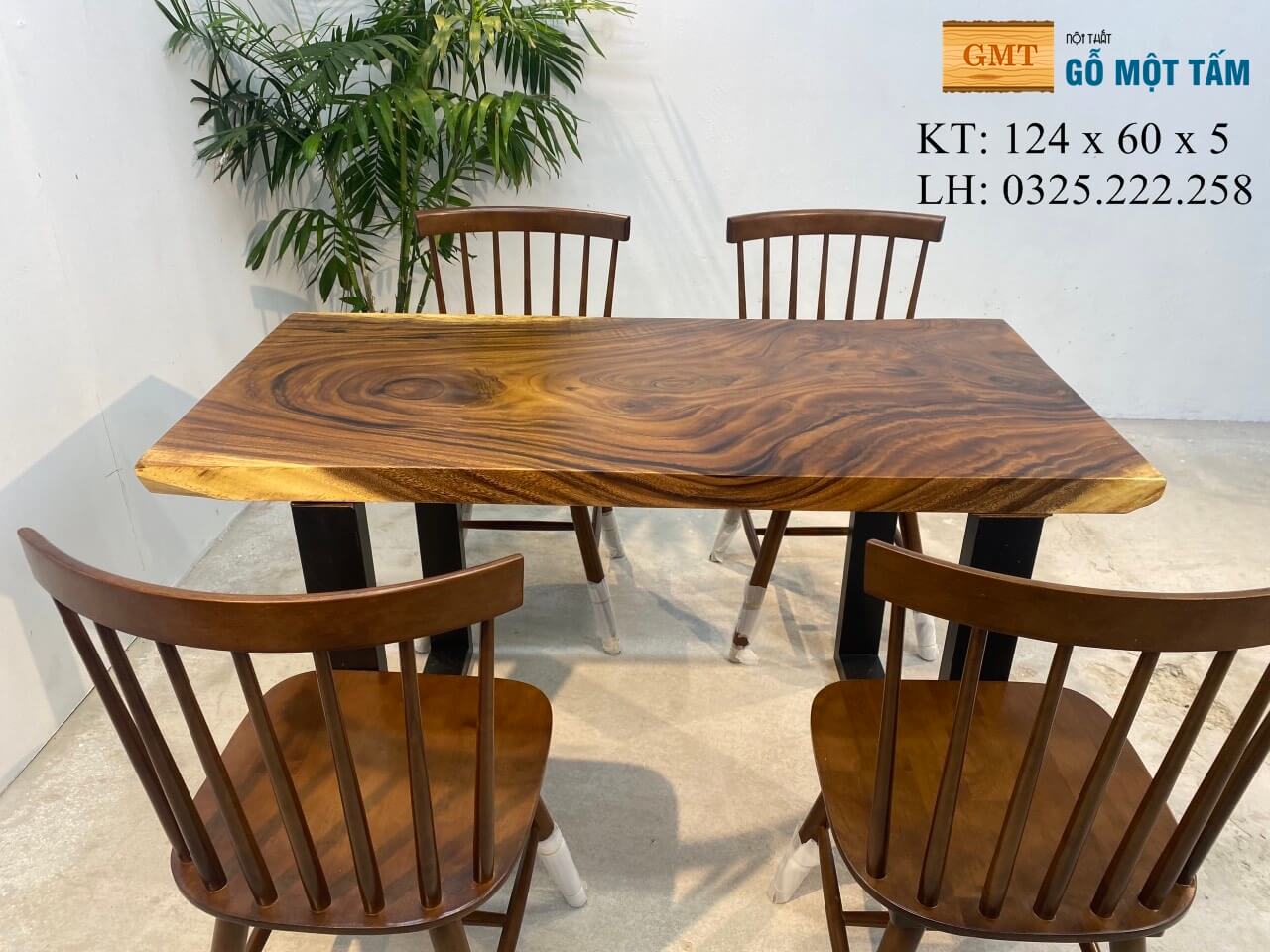 Bàn Ăn 4 Ghế Gỗ Tự Nhiên, Bàn Làm Việc Hiện Đại, Bàn Trà Gỗ Me Tây Dài 1,24m Rộng 60cm Dày 5cm