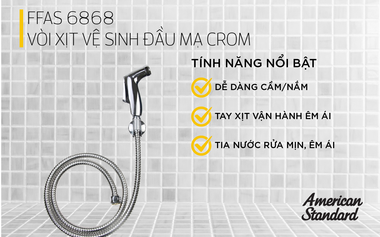 Vòi Xịt Vệ Sinh Đầu Mạ Crome Chính Hãng FFAS6868 Thương Hiệu AMERICAN STANDARD –Thiết Kế Hiện Đại, Tia Nước Mịn