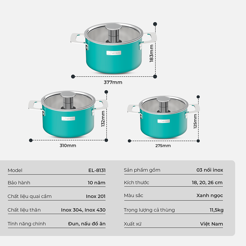 Bộ nồi Inox liền khối Elmich Hera EL-8131 size 18,20,26cm - Hàng chính hãng