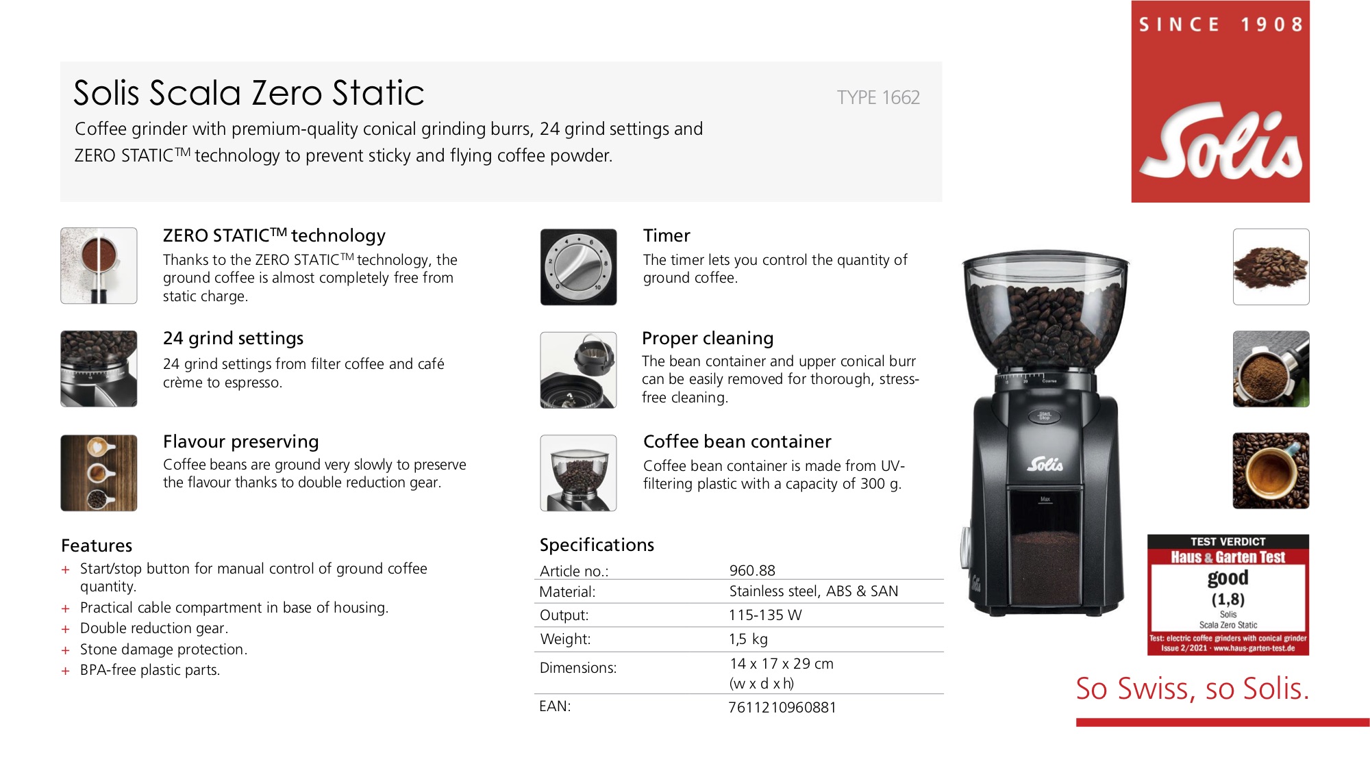 Máy xay cà phê Solis Scala Zero Static - Thương hiệu uy tín đến từ Thuỵ Sĩ - Hàng nhập khẩu