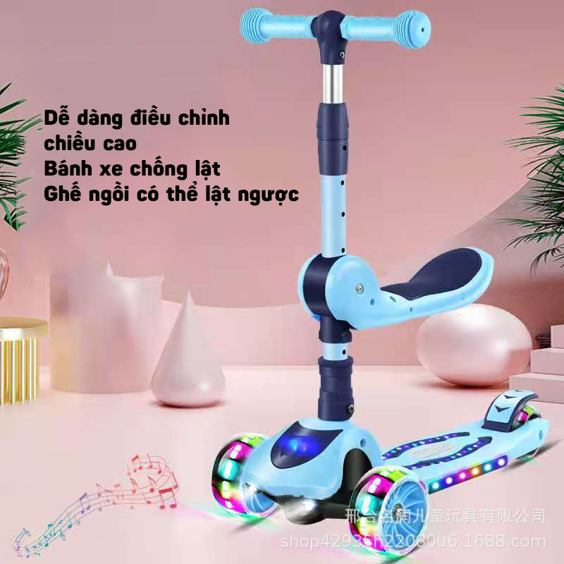 Xe Trượt Scooter Vinbuy 3 Bánh Có Nhạc, Bánh Xe Phát Sáng, Chịu Lực 100kg An Toàn Cho Bé, Màu Hồng/Xanh Phù Hợp Cho Cả Bé Trai Và Bé Gái, Rèn Luyện Vận Động, Tăng Chiều Cao Cho Bé - Hàng Chính Hãng