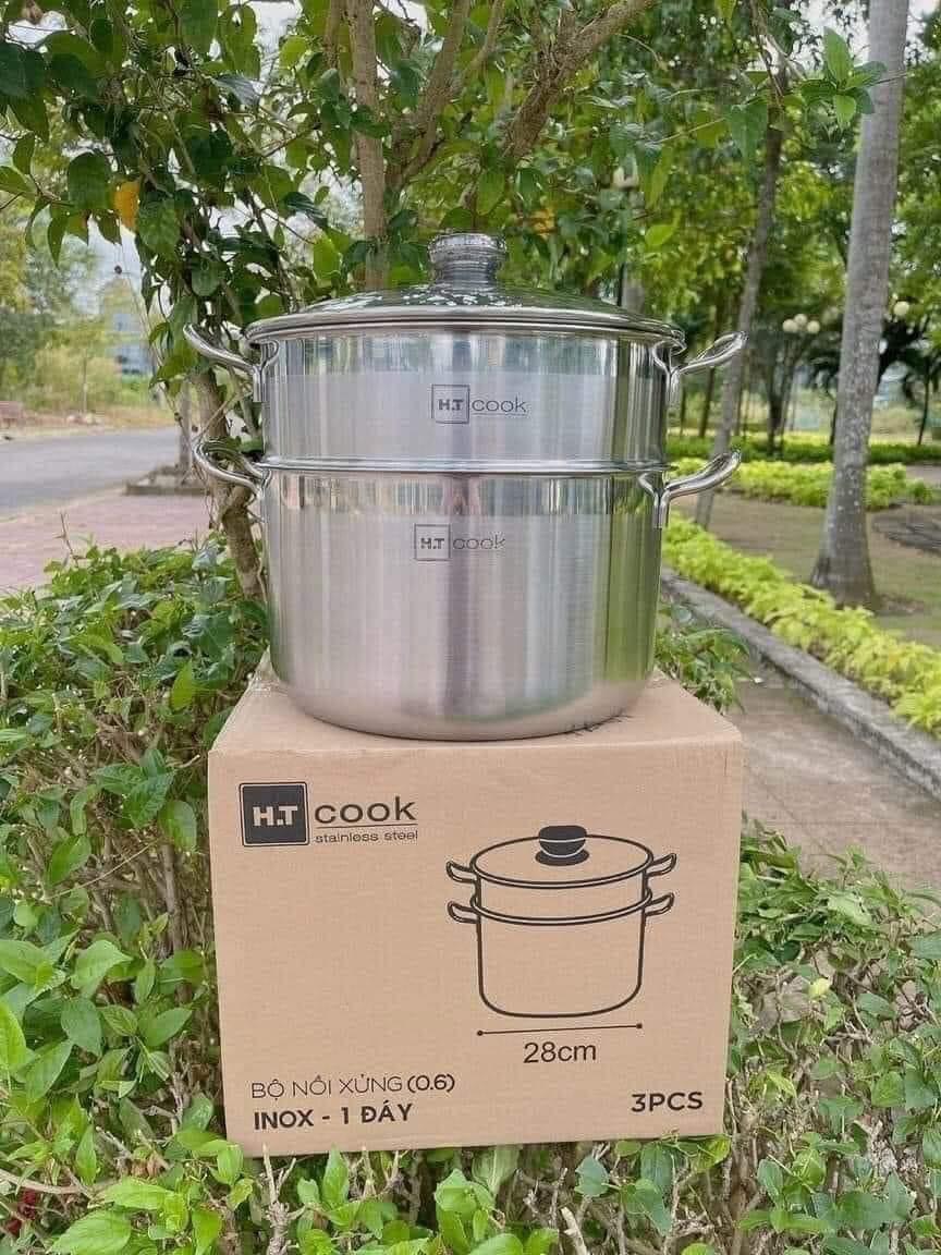 Bộ nồi xửng hấp 1 đáy từ inox 430 H.T cook nắp kính 28cm