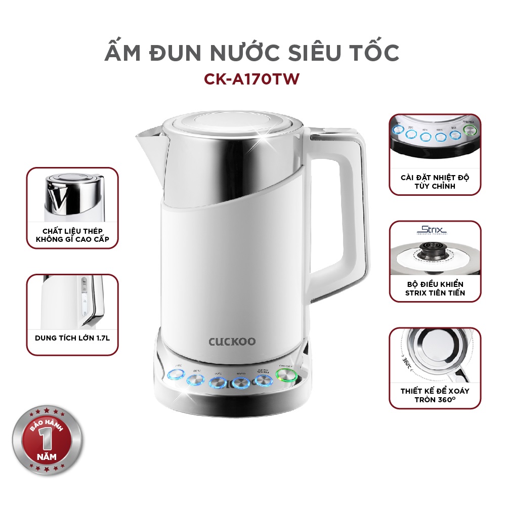 Bình đun siêu tốc đa năng Cuckoo CK-A170T dung tích lớn 1.7L - 1850W - Điều chỉnh nhiệt độ nước - Hàng chính hãng