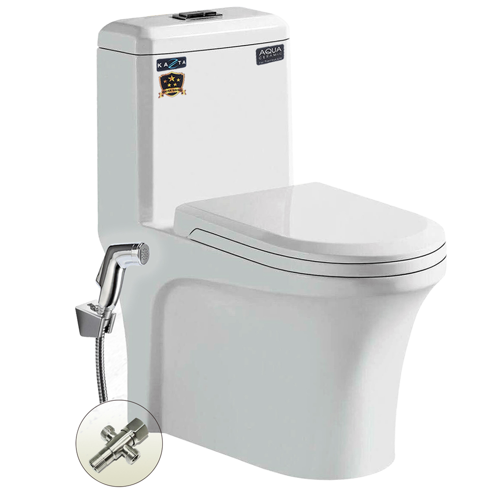 Combo Thiết Bị Nhà Tắm Nhỏ Gọn Kazta KZ-CBMN01: Bồn Cầu 1 Khối-Vòi Xịt-Lavabo Treo Góc-Vòi Lạnh-Bộ Sen Tắm Lạnh-Gương-Giá Treo Khăn Đa Năng-Kệ Góc 2 Tầng