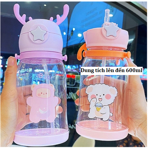 Bình nước ống hút trẻ em 600ml, bình cho bé hình sừng hươu dễ thương kèm ống hút , có DÂY ĐEO BB62-BinhHuou