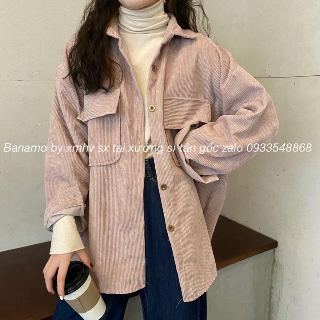 Hình ảnh Áo sơ mi chất nhung tăm dáng rộng màu hồng kem đen nâu phong cách ulzzang thời trang Banamo Fashion 351