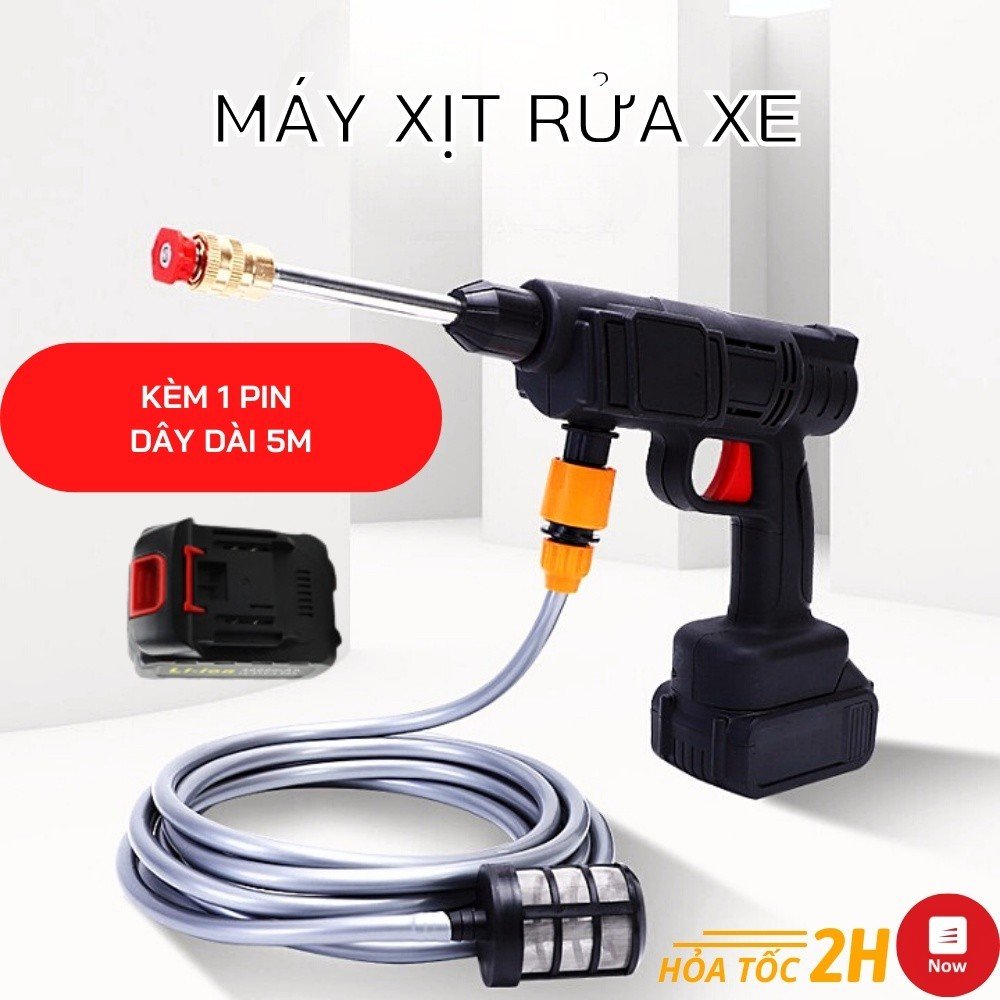 Máy rửa xe dùng pin mini, Máy xịt rửa tăng áp tặng kèm Pin