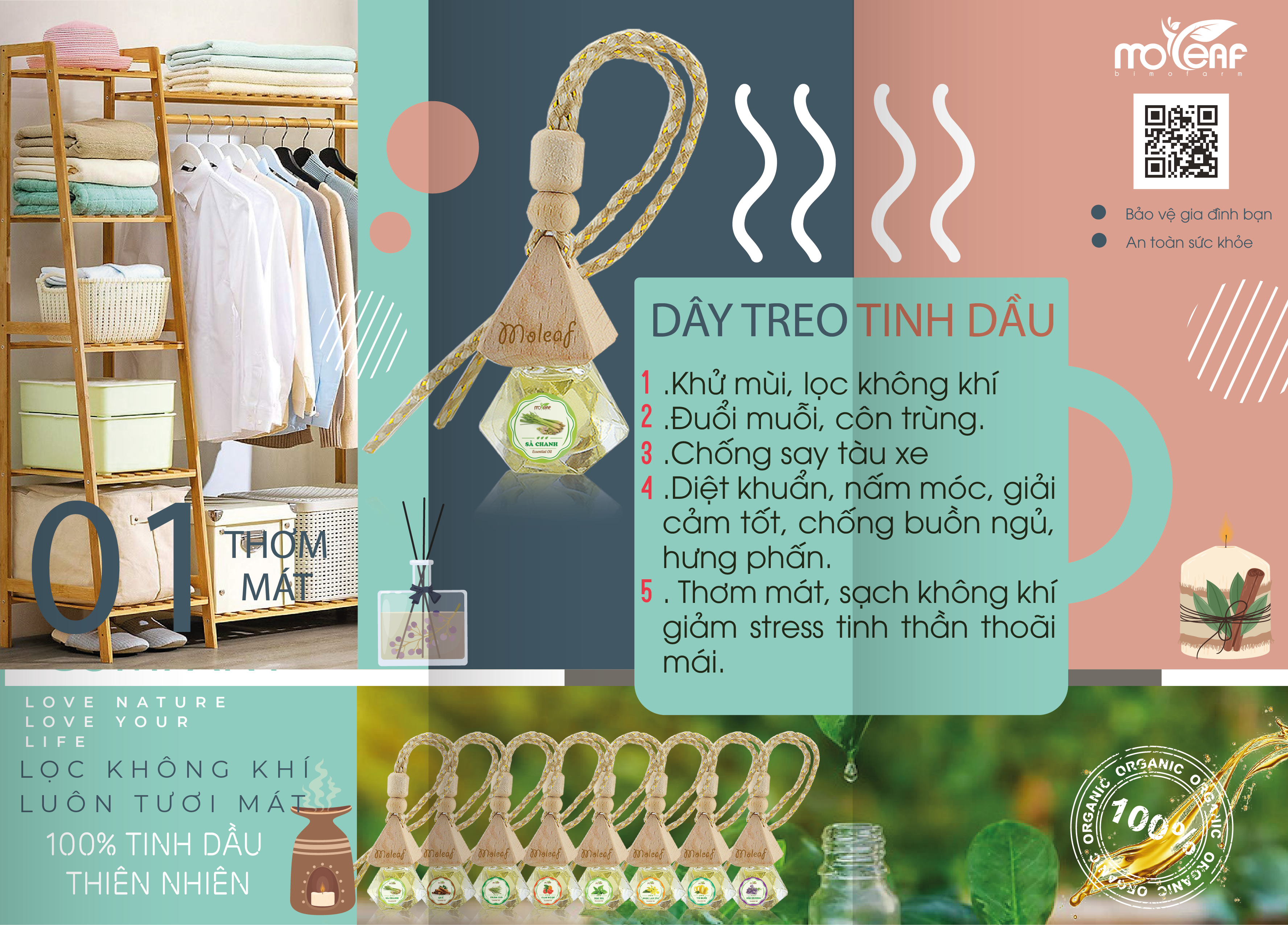 Dây treo tinh dầu Moleaf 7ml, Sả Chanh, Tràm gió, Bạc Hà, Cam Ngọt, Oải Hương, Ngọc Lan Tây, Vỏ Bưởi, Vỏ Quế, nước hoa xe ô tô, tủ quần áo, phòng khách, nhà bếp