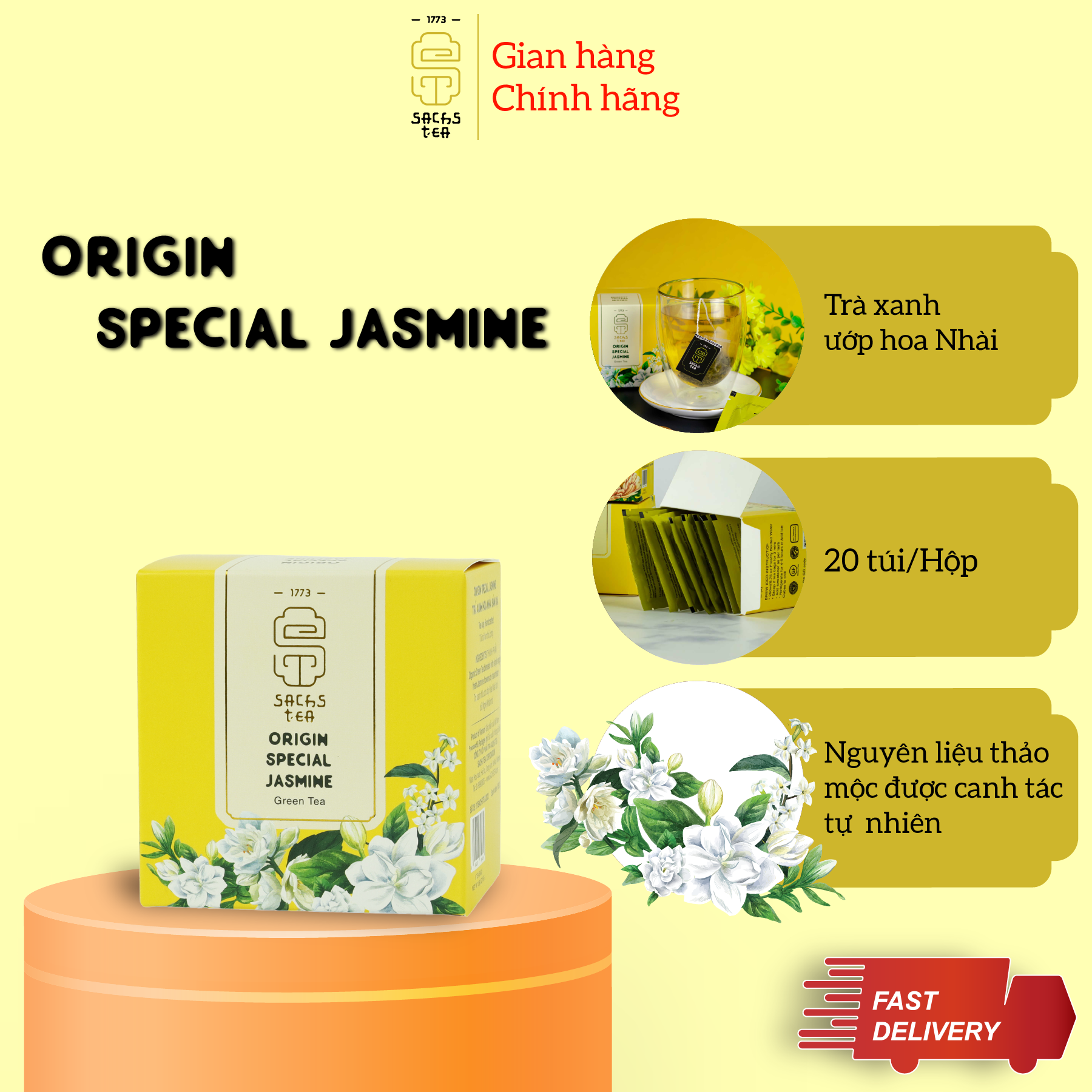 Trà ướp hoa nhài, hoa lài | 100% trà xanh hữu cơ chứng nhận USDA Organic ướp hoa nhài tự nhiên | Không hương liệu, hàng xuất khẩu hộp 20 túi