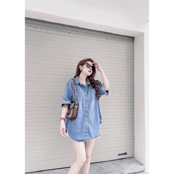 Áo sơ mi jean cộc tay Quảng châu CO GIÃN oversize cho nữ ATN772