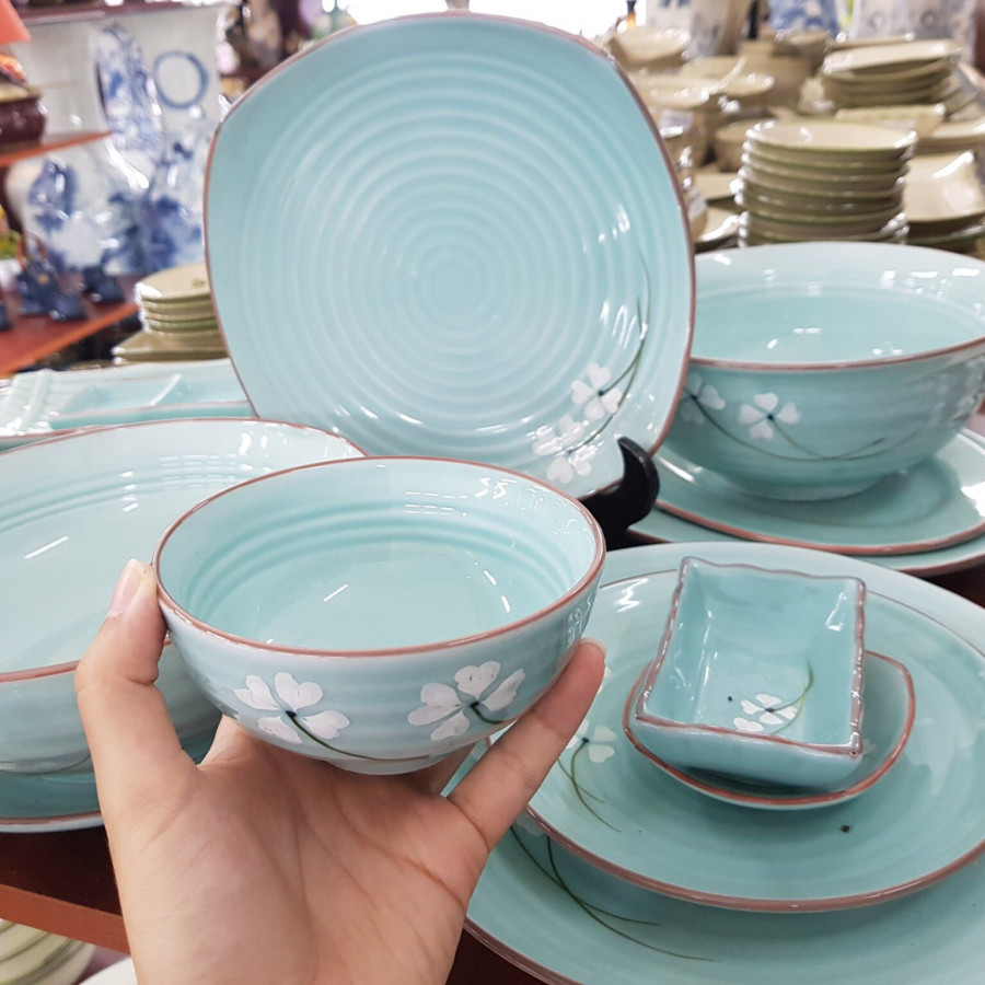 Bộ 12 Sản Phẩm Màu Xanh Ngọc Vẽ Hoa Cao Cấp Gố Bát Tràng