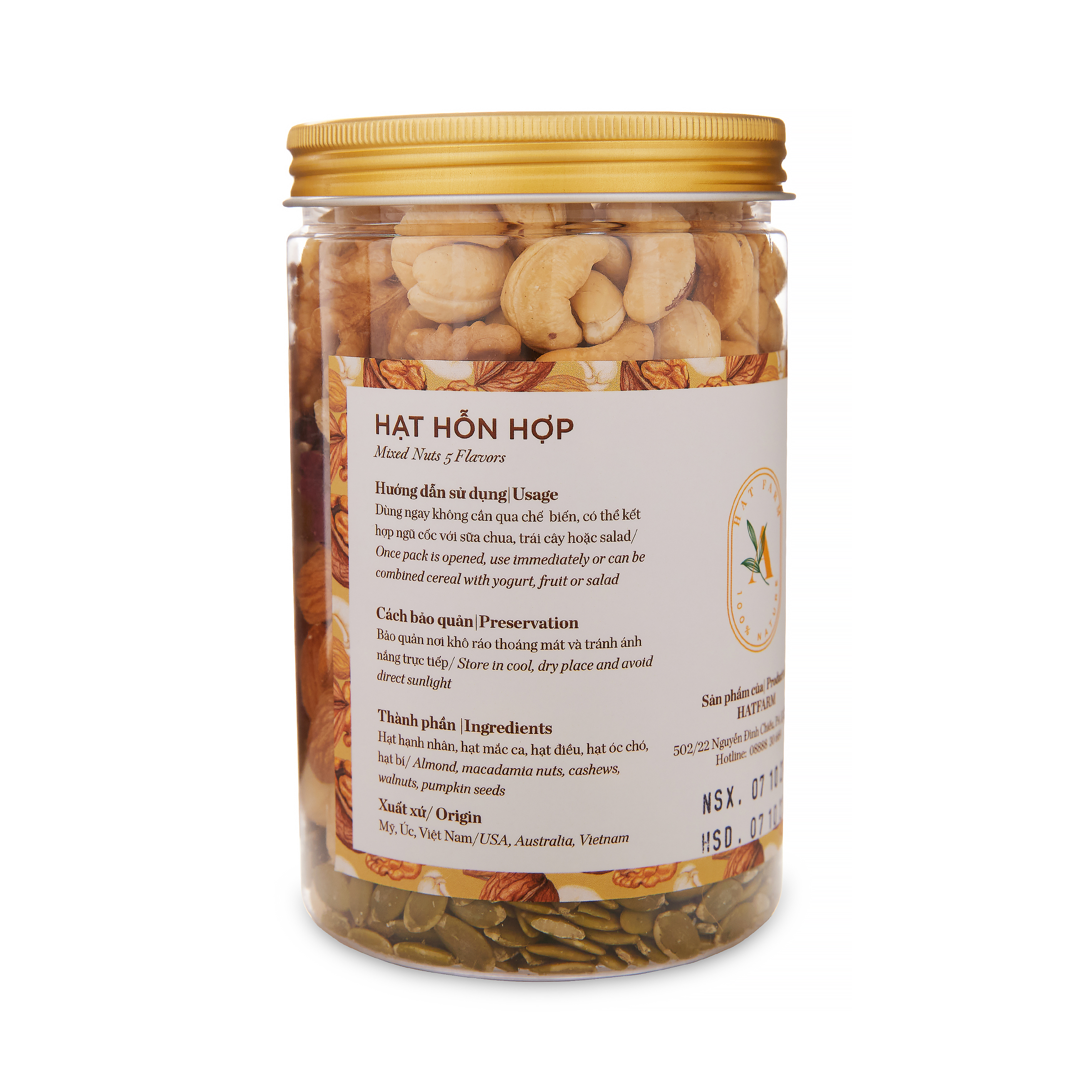 Hạt Mixed Nuts Hỗn Hợp 5 Loại Nhập Khẩu đã tách vỏ 480gr (Óc Chó Đỏ, Vàng + Hạnh Nhân + Macca + Hạt Điều + Hạt Bí) HATFARM