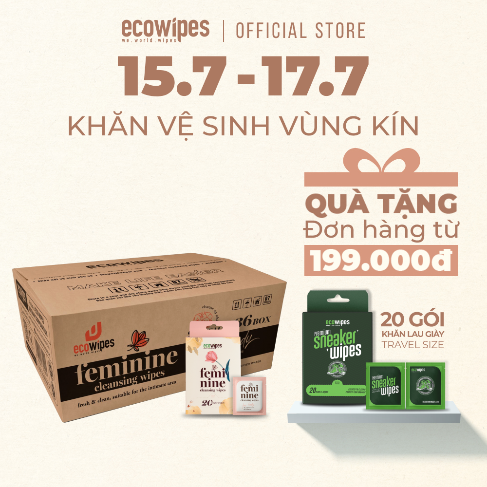 Thùng 35 hộp 20 gói khăn giấy ướt phụ khoa Ecowipes travel size vệ sinh cá nhân phụ nữ hương Daisy size 15x20cm nhỏ gọn bỏ túi