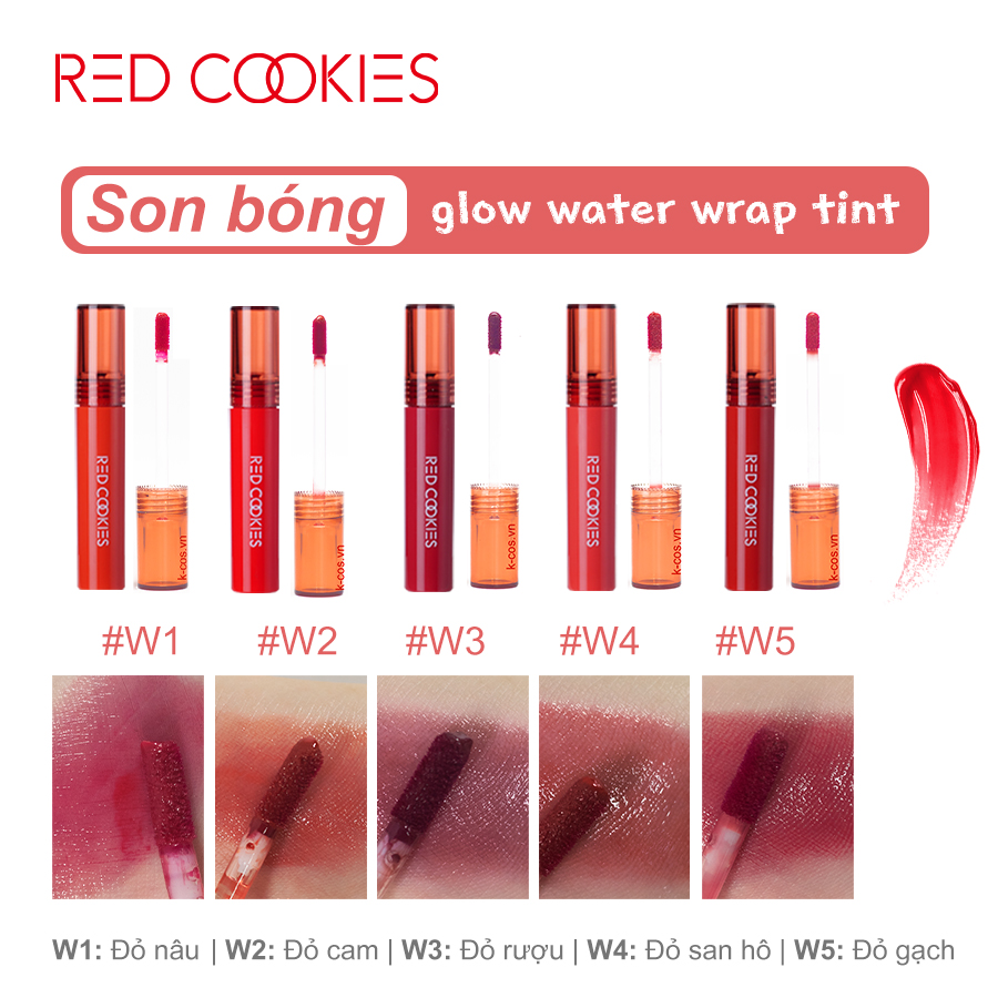 Son Bóng Red Cookies Glow Water Wrap Tint Hàn Quốc Màu W4 - Đỏ San Hô