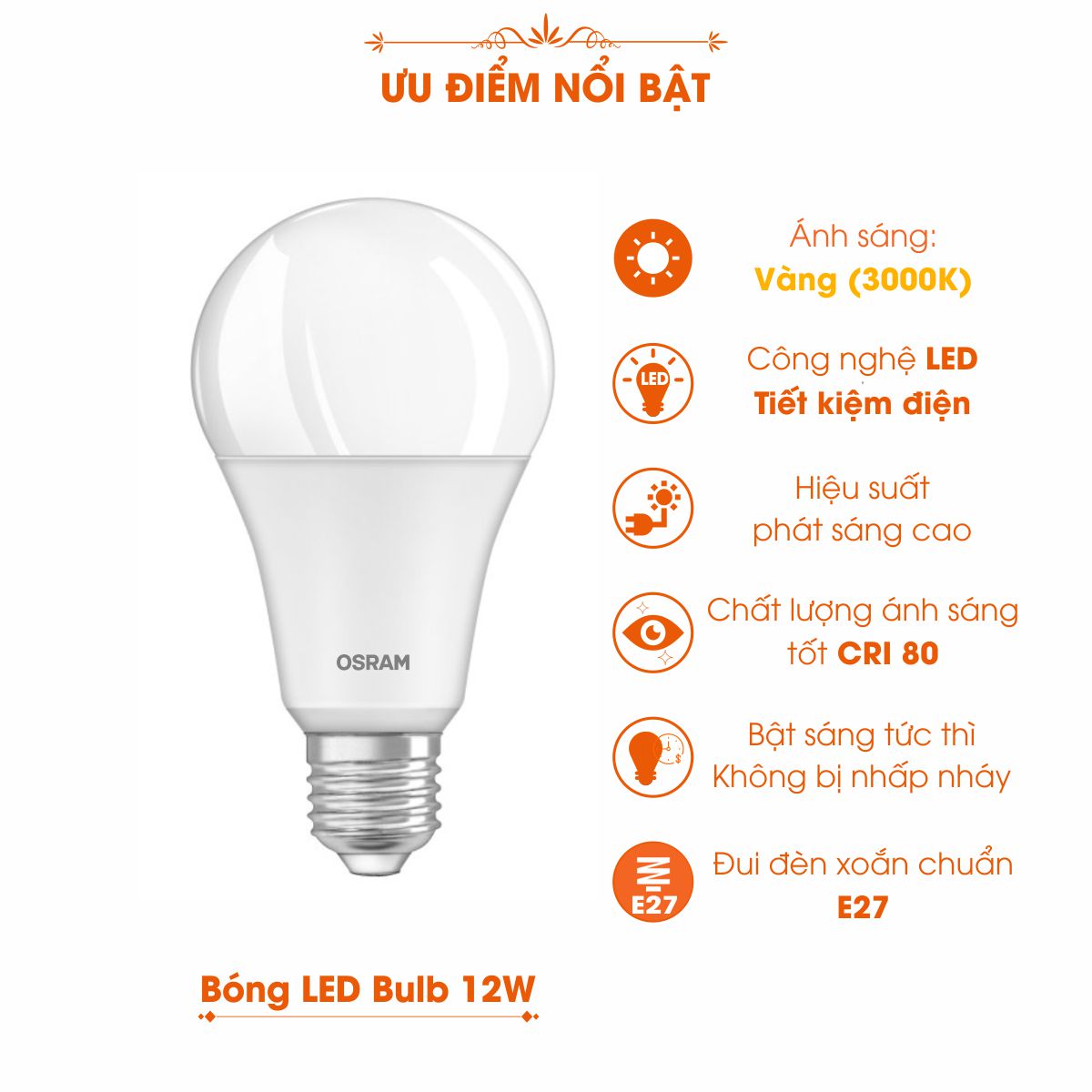 Bóng đèn LED Bulb E27 ECO CLASSIC A 12W OSRAM - Ánh sáng Vàng (3000K)