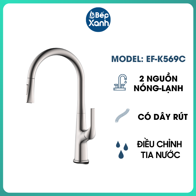 Vòi Rửa Chén Nóng Lạnh Ecalite EF-K569C - Có Dây Rút - Điều Chỉnh Tia Nước - Đồng Thau Mạ Chrome Cực Đẹp - Hàng Chính Hãng