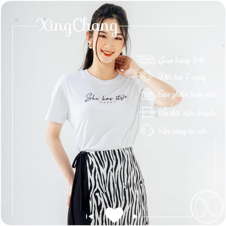 Áo phông công sở cổ tròn, áo thun tay ngắn cao cấp XingChang nữ tính in Style mã NXC39