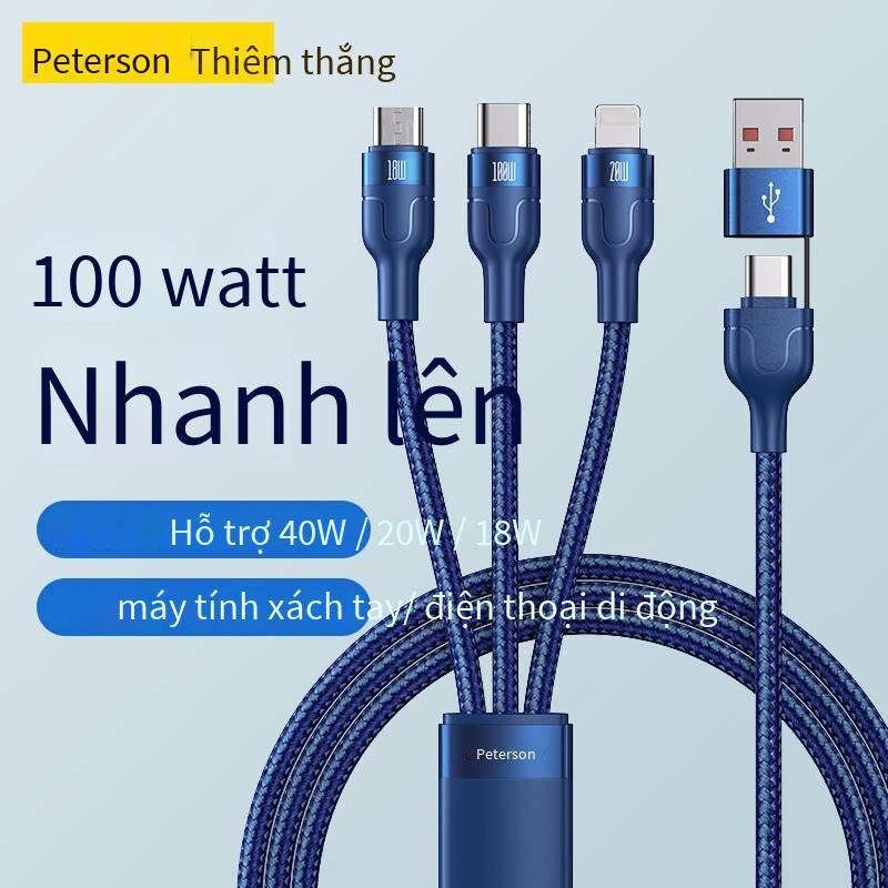 Cáp dữ liệu Pinsheng 100w kiểu mới nhất Cáp sạc nhanh ba trong một 6A Cáp sạc hai đến ba Cáp sạc flash PD đa chức năng một đến ba