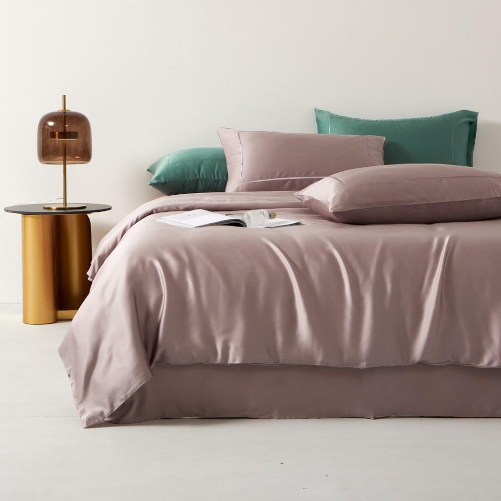 Bộ chăn ga gối cao cấp 100%Tencel 100s, Hồng thêu phối đẳng cấp, chất liệu siêu mềm mát mịn