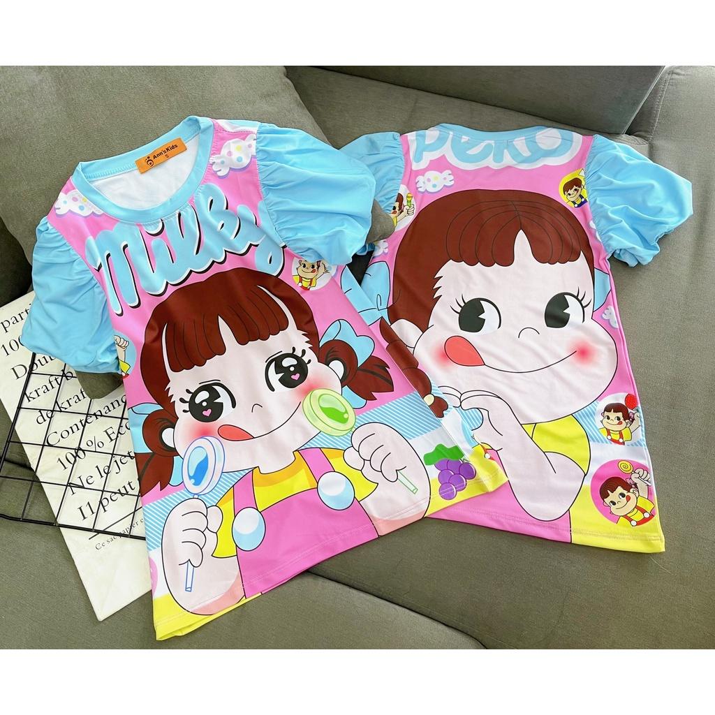 Đầm váy suông tay phồng mùa hè cho bé gái hình Hello kitty Peko Pony size 12-30kg chất cotton mềm mát