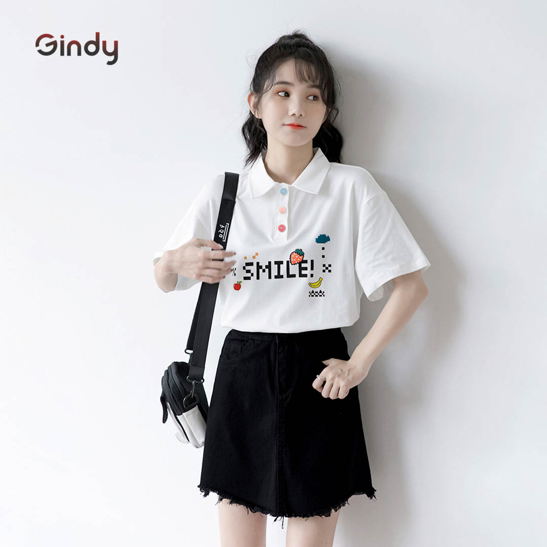 Áo thun phông nữ polo GINDY Smile cổ bẻ cotton tay lỡ phong cách unisex vải cotton thoáng mát A8108