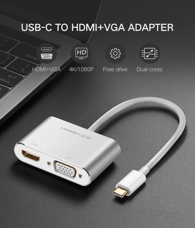 Ugreen UG50317CM162TK 15CM màu Trắng Bộ chuyển đổi TYPE C sang HDMI + VGA vỏ bọc nhôm - HÀNG CHÍNH HÃNG