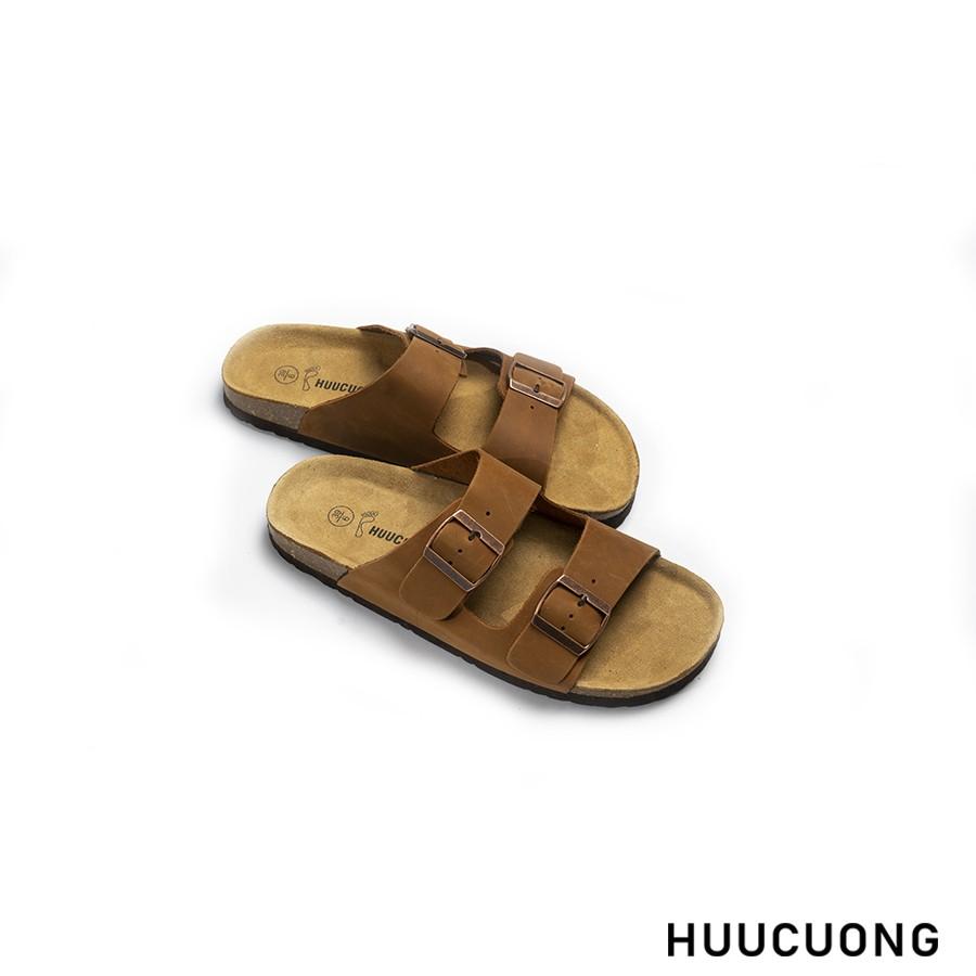 Dép unisex HuuCuong 2 khóa Da Bò nâu đế trấu