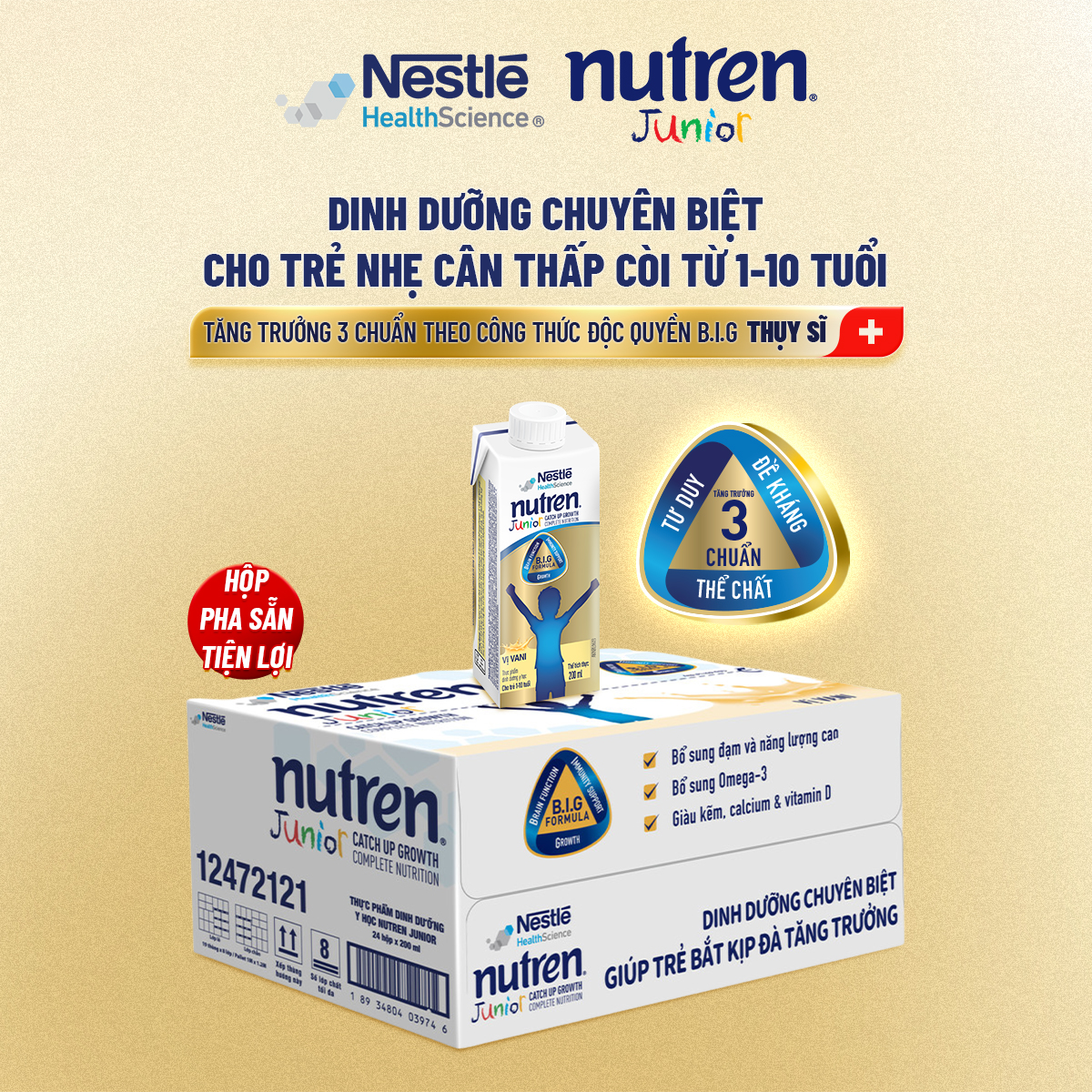 Thùng 24 hộp pha sẵn Nutren Junior Thụy Sĩ 200ML/hộp hỗ trợ tăng cân tiêu hóa tốt cho trẻ từ 1-10 tuổi