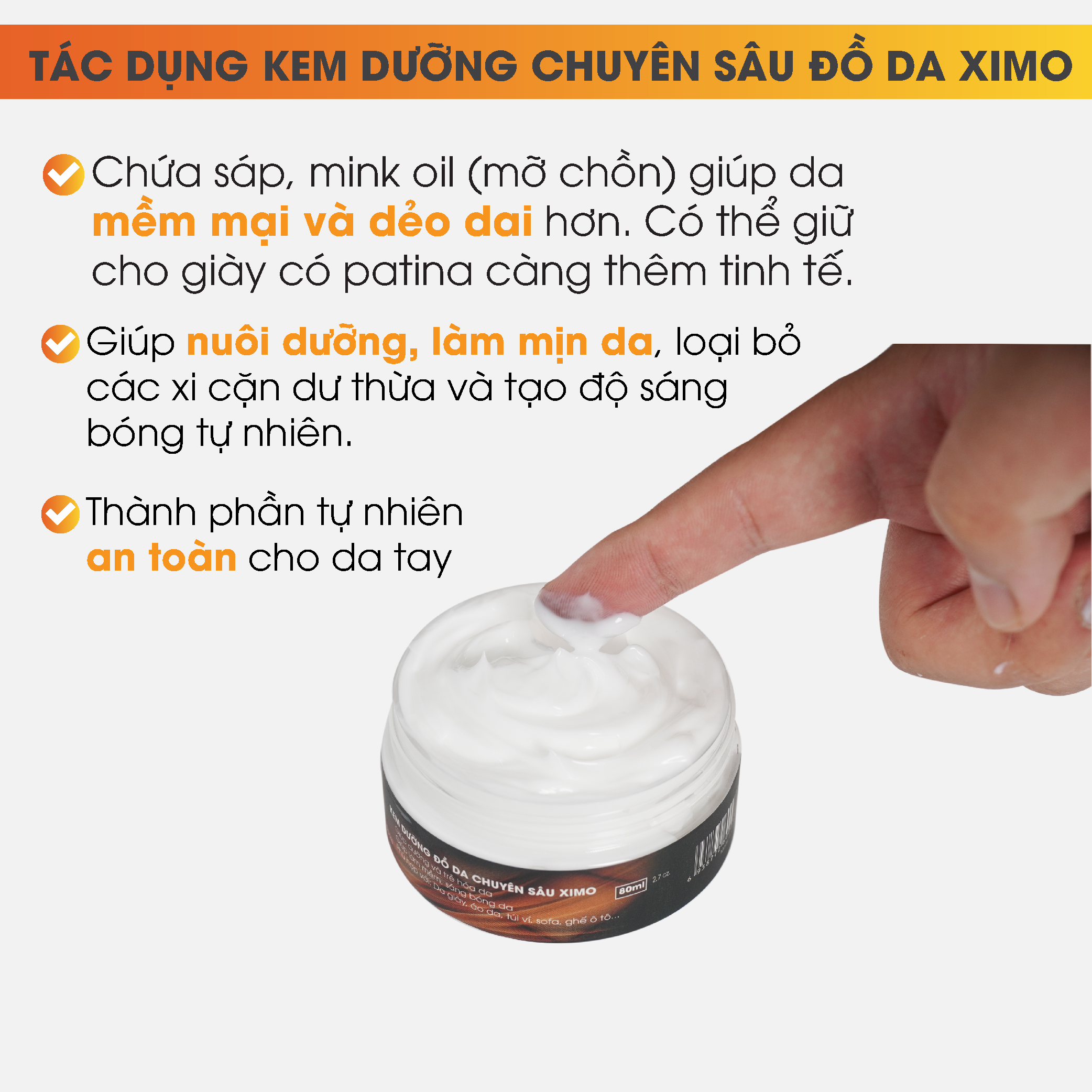 Kem dưỡng đồ da chuyên sâu XIMO, giúp tái tạo độ đàn hồi cho da giày, dưỡng áo da, túi ví, 80ml XI04