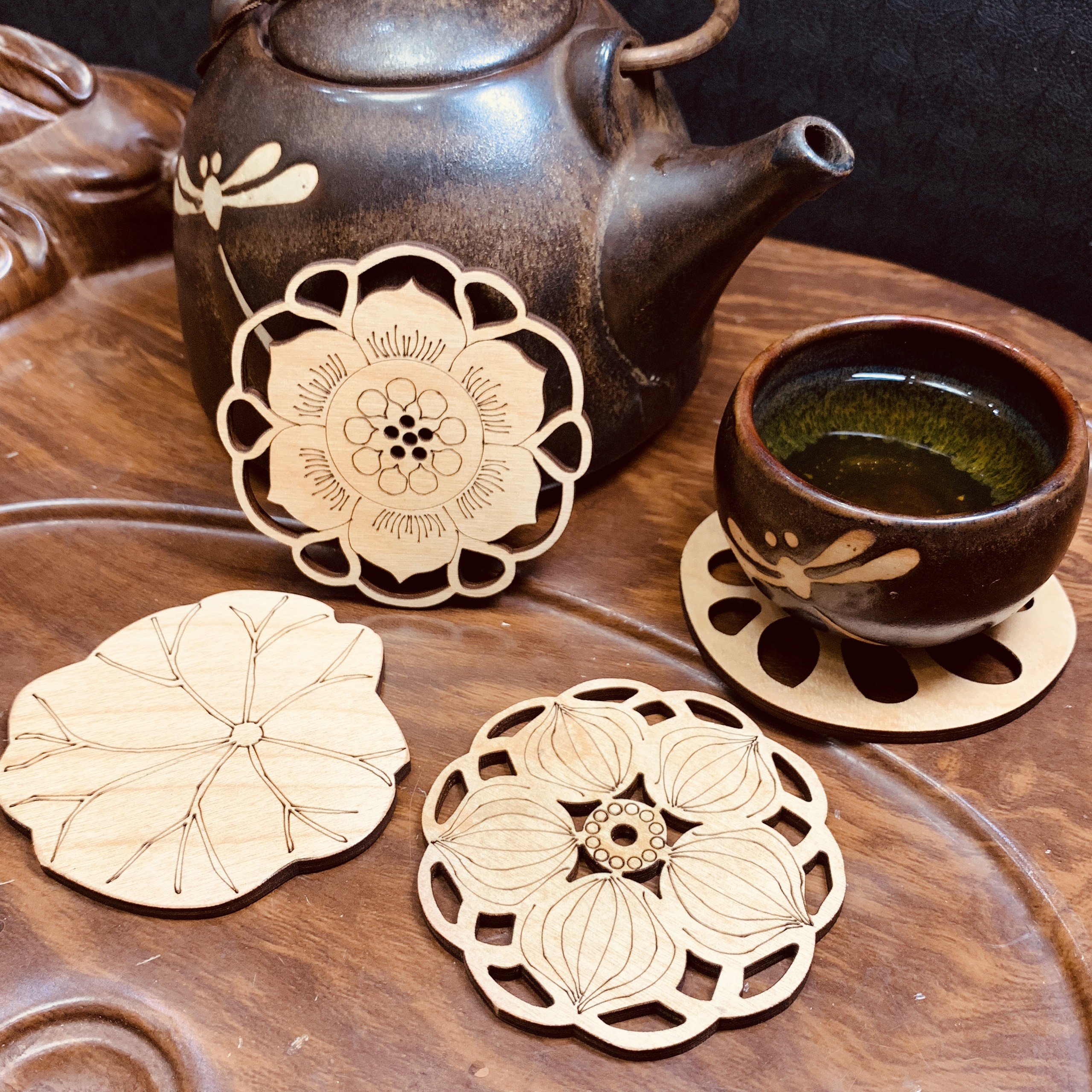 Bộ 4 Miếng Lót Cốc Cafe Bằng Gỗ Dùng Decor Quán Cafe Phong Cách Hoa Sen Việt Nam, Coasters Diy Chất Liệu Gỗ Bạch Dương