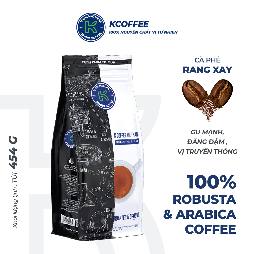 Cà phê rang xay 100% nguyên chất Robusta Arabica xuất khẩu Vietnam Morning thương hiệu K Coffee