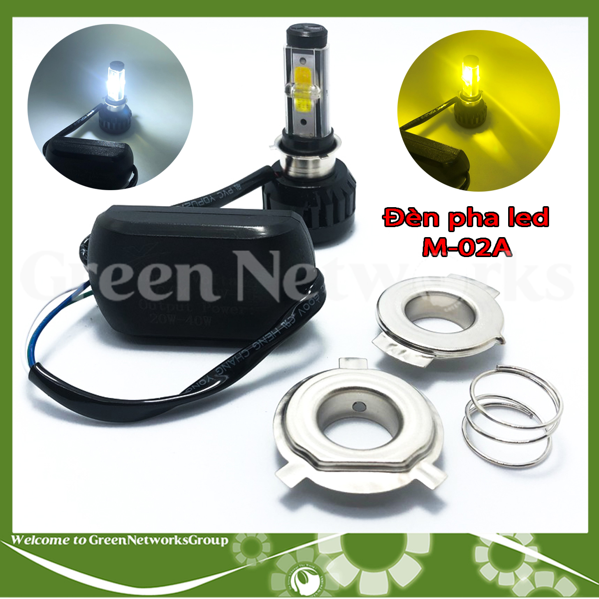 Đèn pha led xe máy M-02A 30W chân H4 M5 ánh sáng trắng vàng Green Networks Group