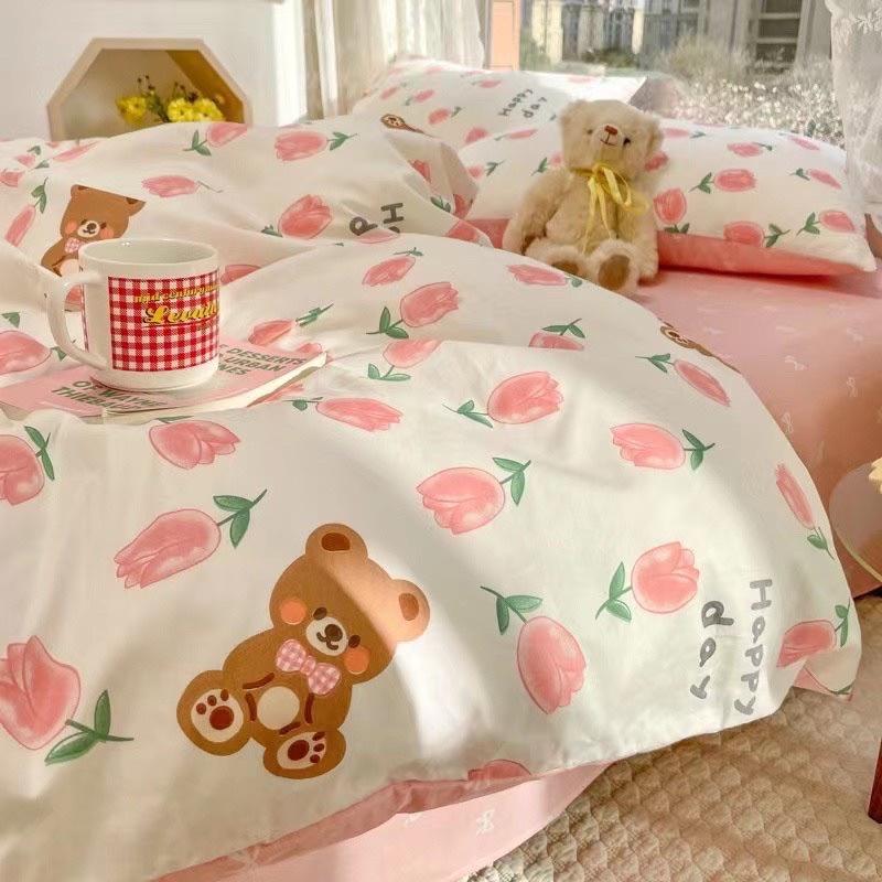 Bô Chăn Ga Gối Cotton Living 100%cotton Hàng Nhập Khẩu Cao Cấp 4 Món Hoa Nhí Hồng
