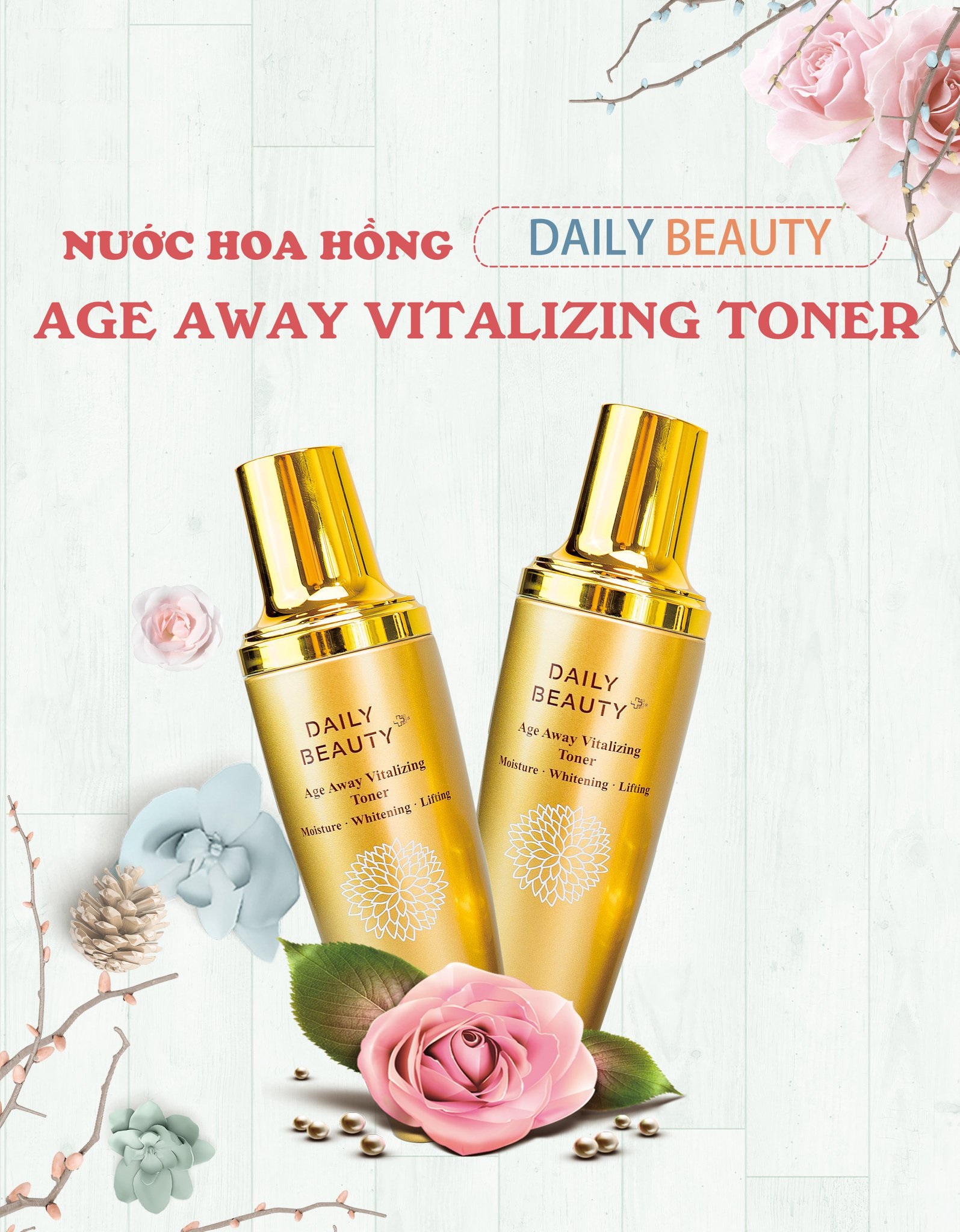 Combo 4 hộp Nước hoa hồng Daily Beauty Age Away Vitalizing Toner R&amp;B Việt Nam nhập khẩu chính ngạch từ Hàn Quốc