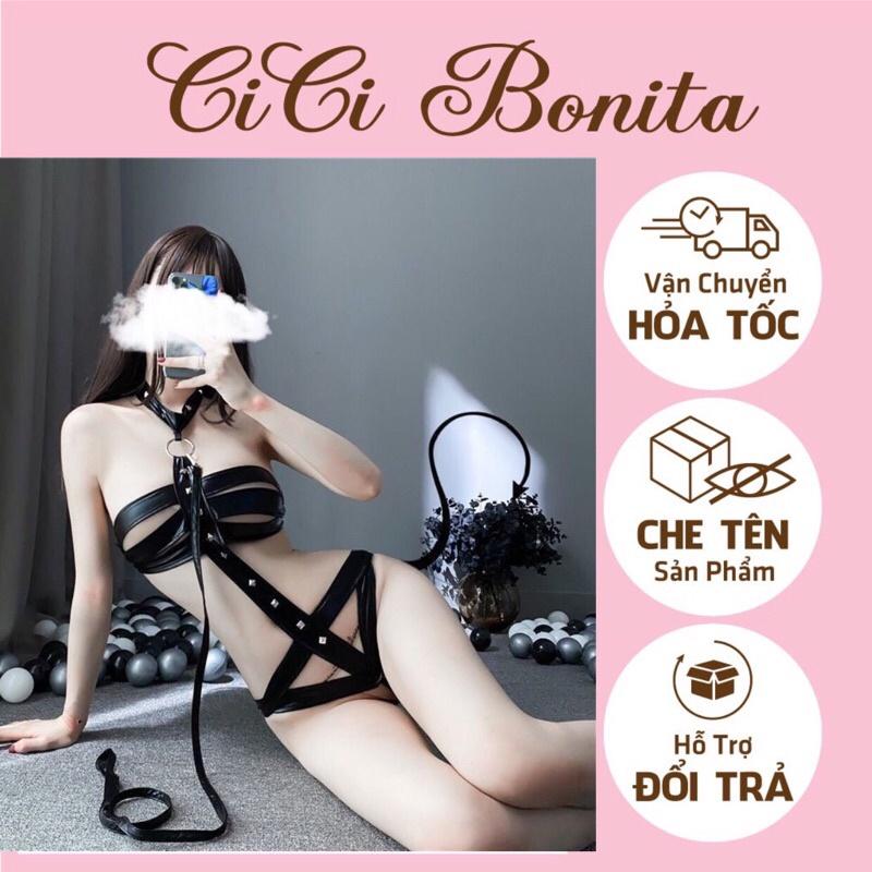 Set đồ ngủ sexy nữ giả da phong cách cảm giác mạnh kèm phụ kiện C1360