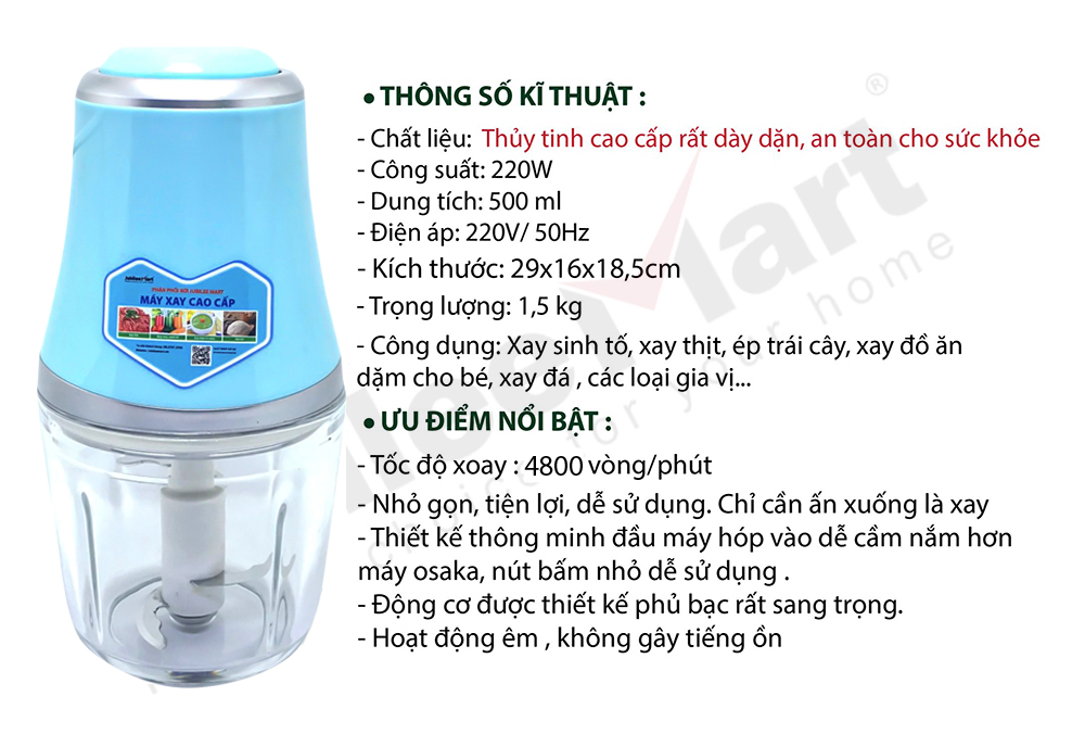 Máy Xay Sinh Tố Đa Năng Thủy Tinh Cao Cấp, Xay Đá , Xay Hạt, Xay Thịt (Xanh) - Hàng chính hãng