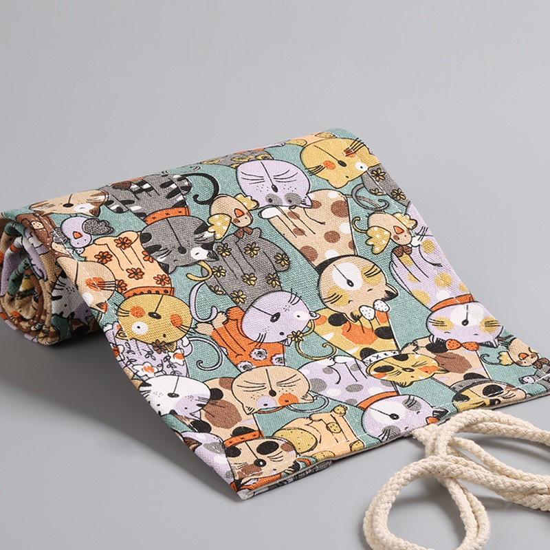 Túi đựng bút dạng cuộn vải cotton, phong cách vintage hình mèo PK617
