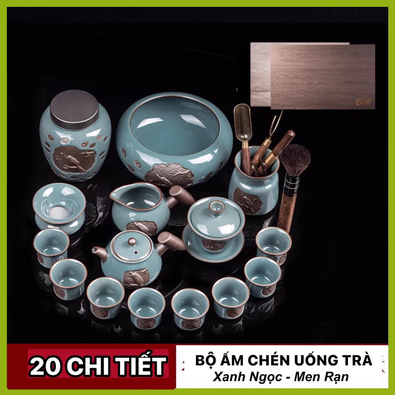 Trà Đạo Sứ Xanh , Bộ Ấm Chén Uống Trà Cao Cấp Màu Xanh Ngọc Men Rạn Hoạ Tiết Ve Sầu 20,19,18,12 ,13 Chi Tiết